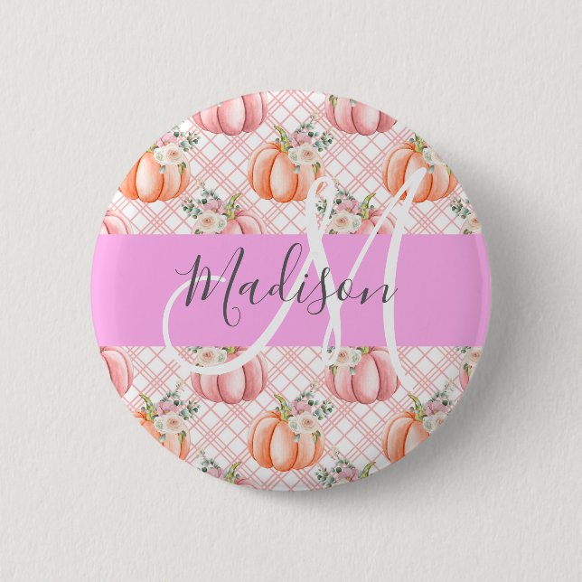 Girly Chic Floral Pink Peach Pumpkin Monogram Name 6 Cm Round Badge (Front)
