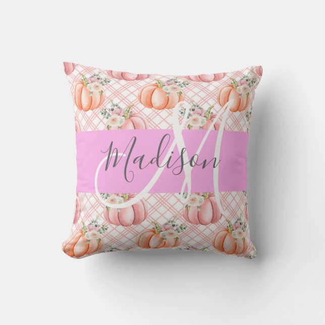 Girly Chic Floral Pink Peach Pumpkin Monogram Name Cushion (Front)