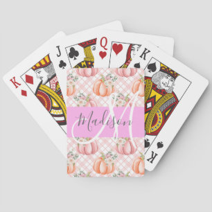 Girly Chic Floral Pink Peach Pumpkin Monogram Name Playing Cards