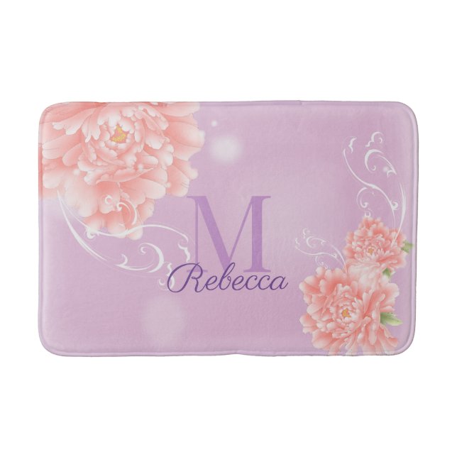 girly Chic floral purple pink peony monogram Bath Mat (Front)