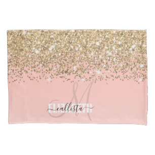 Girly Chic Gold Confetti Pink Gradient Monogram Pillowcase