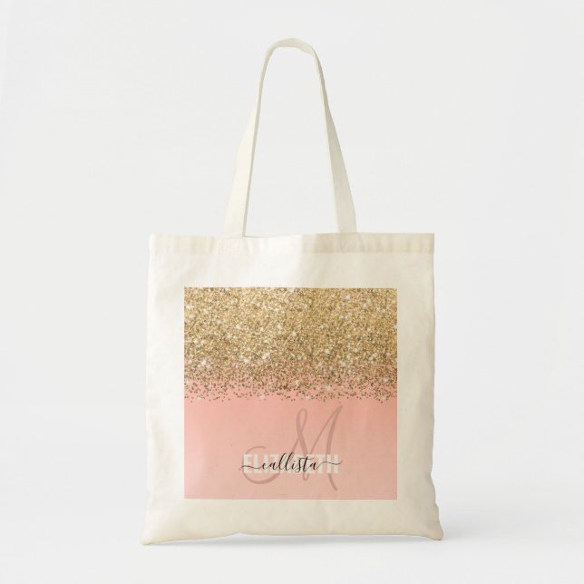 Girly Chic Gold Confetti Pink Gradient Monogram Tote Bag (Front)