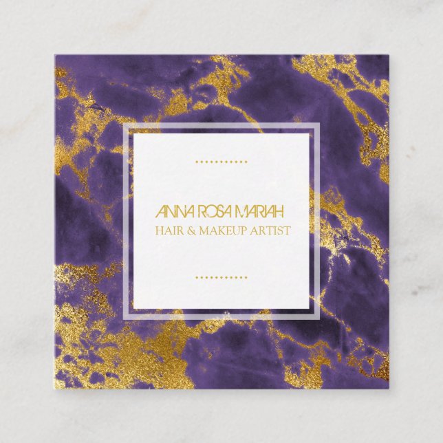 *~* Girly Chic Gold Purple Marble Hair Makeup Square Business Card (Front)