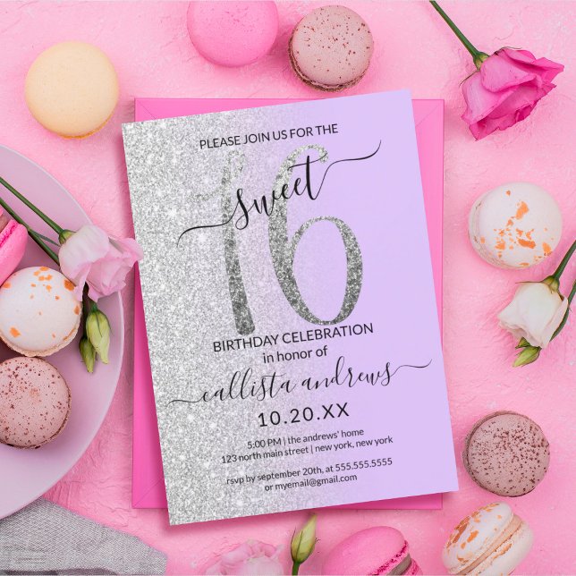 Girly Chic Lavender Silver Glitter Ombre Sweet 16 Invitation (Creator Uploaded)