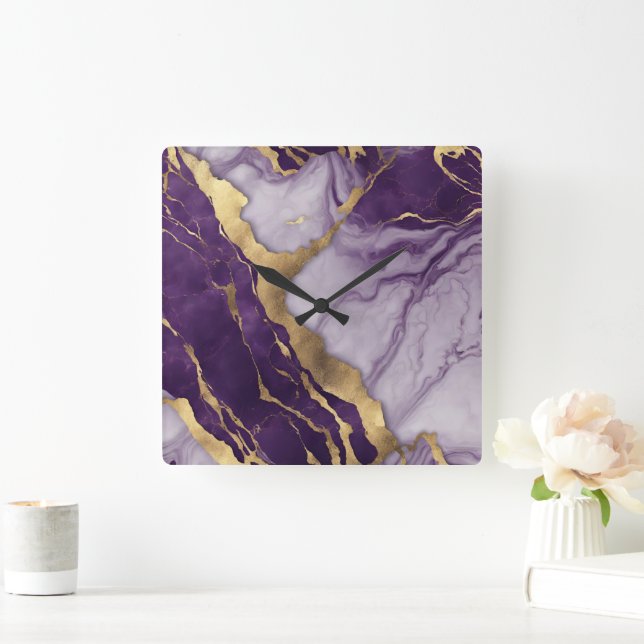 Girly Chic Minimalist Scandinavian Purple Marble  Square Wall Clock (Home)
