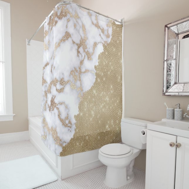 Girly Chic Modern Glam Gold Glitter Marble Pattern Shower Curtain (In Situ)