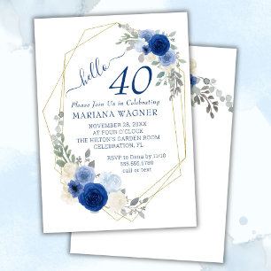 Girly Chic Navy Blue Floral 40th Birthday Invitation