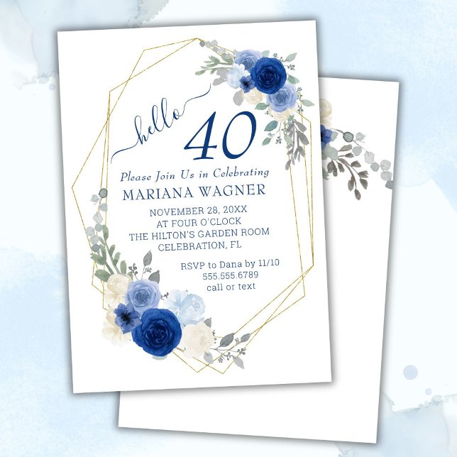 Girly Chic Navy Blue Floral 40th Birthday Invitation (Creator Uploaded)