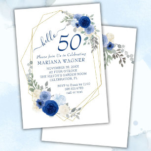 Girly Chic Navy Blue Floral 50th Birthday Invitation