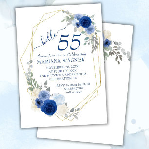 Girly Chic Navy Blue Floral 55th Birthday Invitation