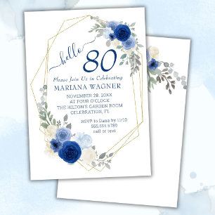 Girly Chic Navy Blue Floral 80th Birthday Invitation
