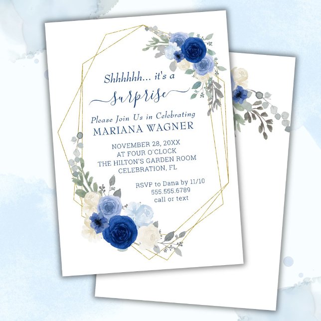 Girly Chic Navy Blue Floral Surprise Birthday Invitation (Creator Uploaded)