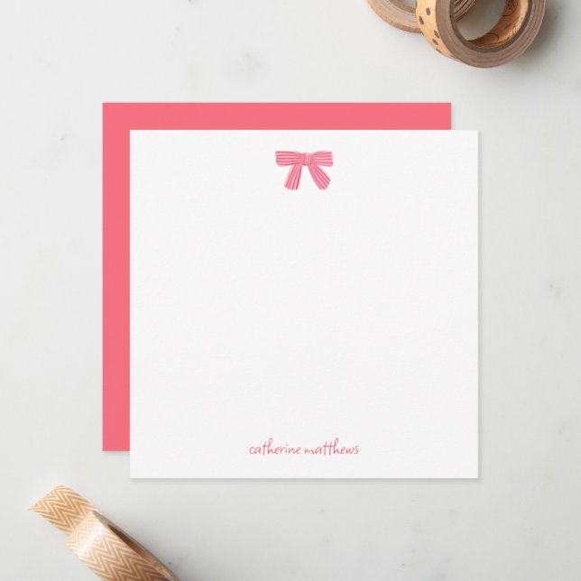 Girly Chic Pink Bow Custom Stationery Note Card  (Front/Back In Situ)