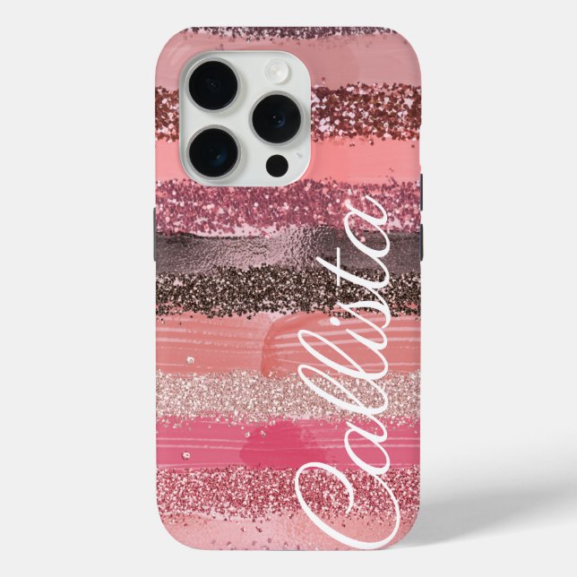 Girly Chic Pink Coral Paint Glitter Brushstrokes Case-Mate iPhone Case (Back)