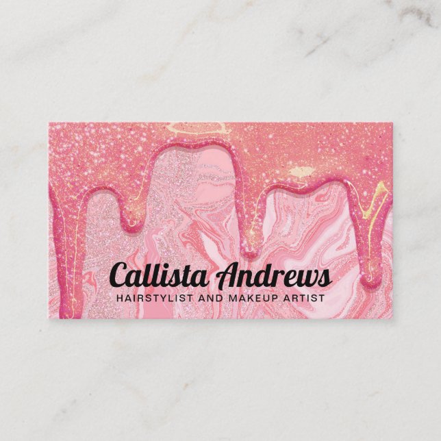 Girly Chic Pink Glitter Marble Drips Business Card (Front)