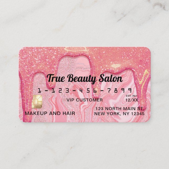 Girly Chic Pink Glitter Marble Drips Credit Business Card (Front)