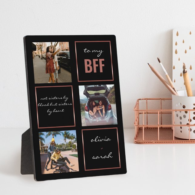 Girly Chic Rose Gold Black BFF Besties 3 Photo Plaque (Creator Uploaded)