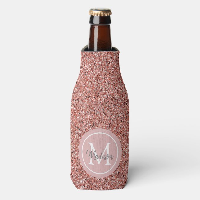 Girly Chic Rose Gold Glitter Monogram Personalised Bottle Cooler (Bottle Front)