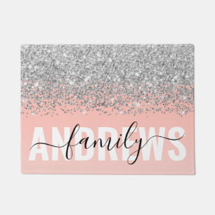 Girly Chic Silver Confetti Pink Gradient Monogram Doormat