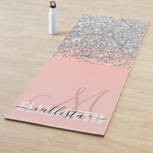 Girly Chic Silver Confetti Pink Gradient Monogram Yoga Mat