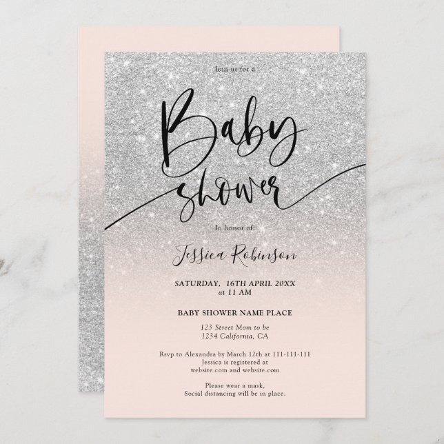 Girly chic silver glitter ombre pink baby shower invitation (Front/Back)