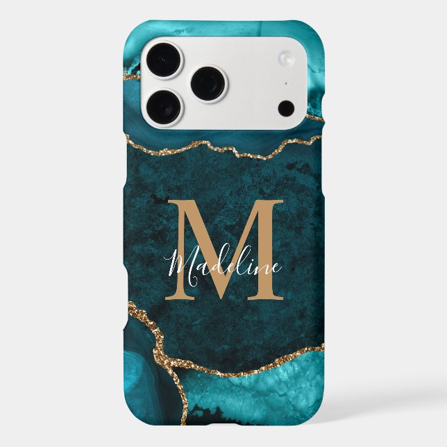 Girly Chic Teal Gold Agate Geode Monogram (Back)