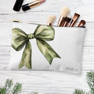 Girly Coguette Watercolor Olive Green Elegant Bow Accessory Pouch