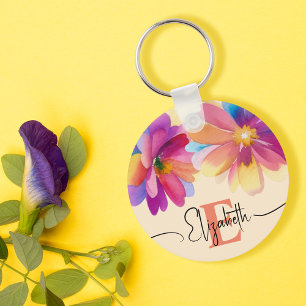 Girly Colorful Pastel Watercolor Flower Monogram Key Ring