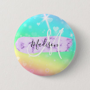 Girly Colorful Unicorn Rainbow Hearts Monogram 6 Cm Round Badge
