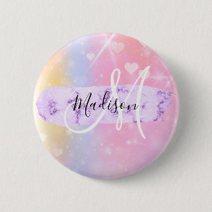 Girly Colorful Unicorn Rainbow Hearts Monogram 6 Cm Round Badge