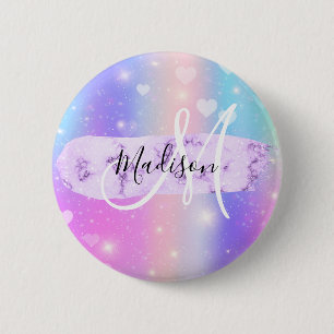 Girly Colorful Unicorn Rainbow Hearts Monogram 6 Cm Round Badge