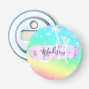 Girly Colorful Unicorn Rainbow Hearts Monogram Bottle Opener