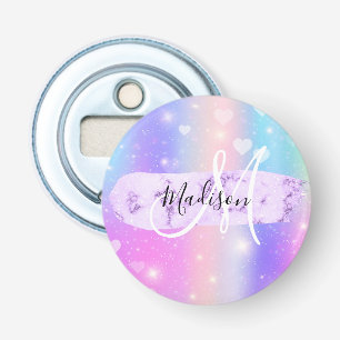 Girly Colorful Unicorn Rainbow Hearts Monogram Bottle Opener