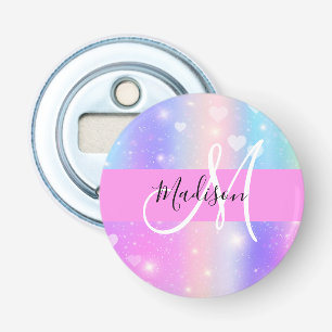 Girly Colorful Unicorn Rainbow Hearts Monogram Bottle Opener