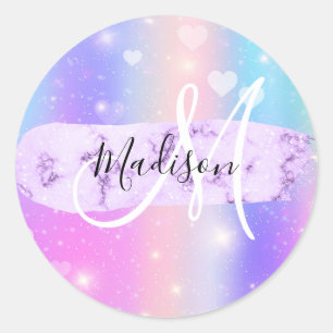 Girly Colorful Unicorn Rainbow Hearts Monogram Classic Round Sticker