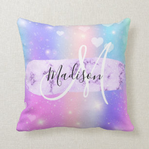Girly Colorful Unicorn Rainbow Hearts Monogram Cushion