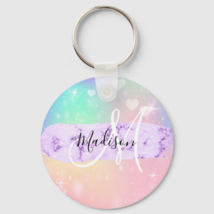 Girly Colorful Unicorn Rainbow Hearts Monogram Key Ring