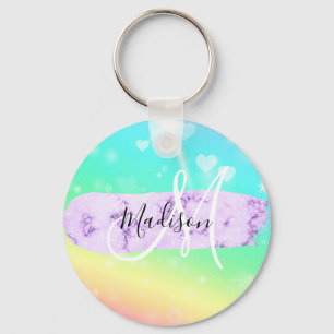 Girly Colorful Unicorn Rainbow Hearts Monogram Key Ring