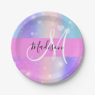 Girly Colorful Unicorn Rainbow Hearts Monogram Paper Plate