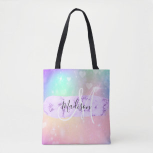 Girly Colorful Unicorn Rainbow Hearts Monogram Tote Bag