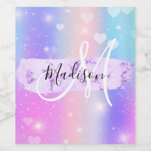 Girly Colorful Unicorn Rainbow Hearts Monogram Wine Label