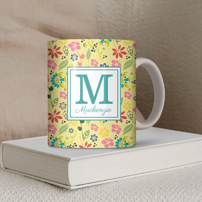 Girly Colourful Boho Spring Flowers Monogram Coffee Mug (Girly Colorful Boho Spring Flowers Monogram Coffee Mug)