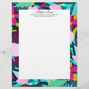 Girly Colourful Floral Leaves Illustration Pattern Custom Letterhead