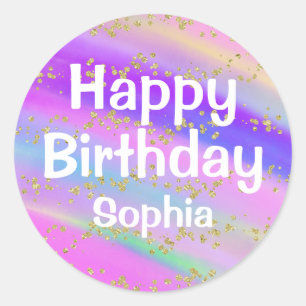 Girly Colourful Happy Birthday Unicorn Gold Classic Round Sticker
