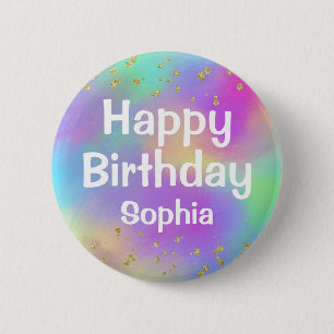 Girly Colourful Happy Birthday Unicorn Gold Glitte 6 Cm Round Badge