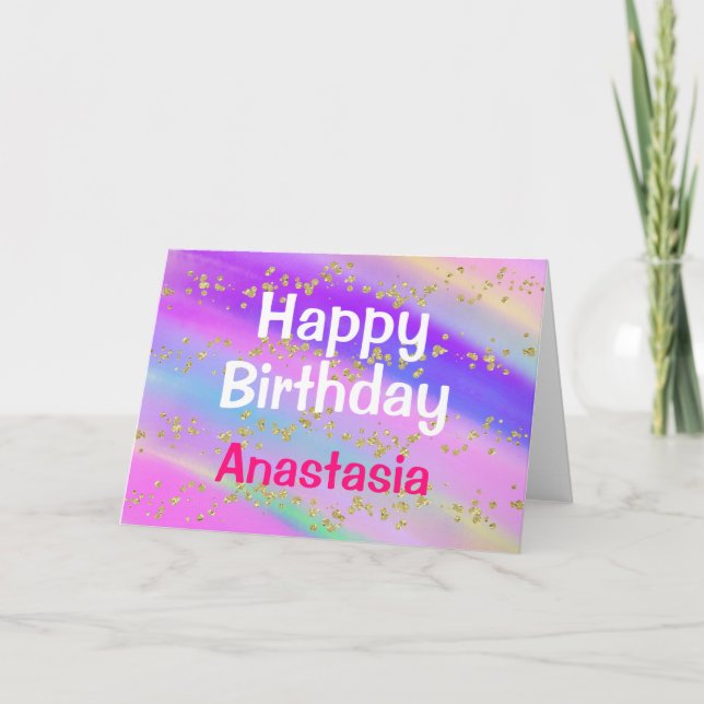 Girly Colourful Happy Birthday Unicorn Gold Glitte Card (Front)