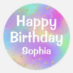 Girly Colourful Happy Birthday Unicorn Gold Glitte Classic Round Sticker