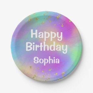 Girly Colourful Happy Birthday Unicorn Gold Glitte Paper Plate