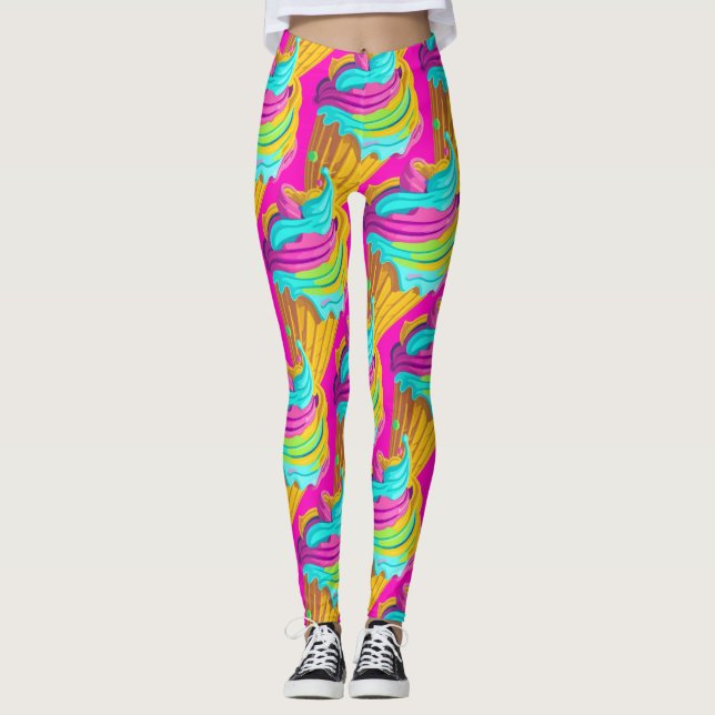 Girly Colourful Neon  Pink Ice Cream Cones Leggings (Front)