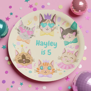 Girly Colourful Pastel Kitty Cat Birthday Party Paper Plate